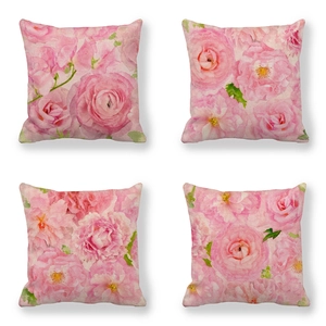 Set of four linen pillow covers featuring pink watercolor floral rose patterns