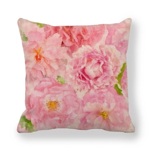 Pink rose floral linen throw pillow case with a square design and natural weave texture