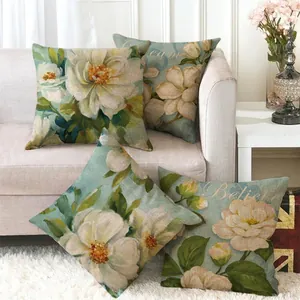 Decorative Cushion Covers Linen Floral Camellia Oil Painting Style Light Blue Square Pillowcases For Home Living Room Decor