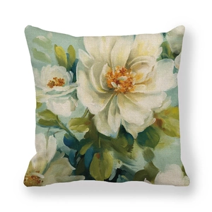 Linen oil painting camellia decorative throw pillow cover with light blue floral pattern