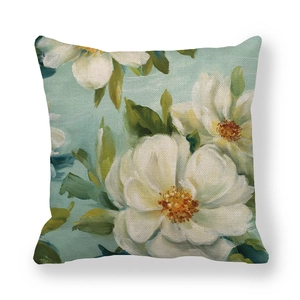 Oil painting camellia print on blue linen square throw pillow cover home decor