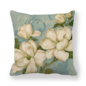 Linen oil painting camellia pillow cover with light blue pattern and Dream text design