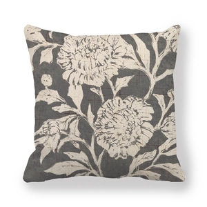 Linen decorative pillow cover with hand-painted floral pattern in gray and off-white