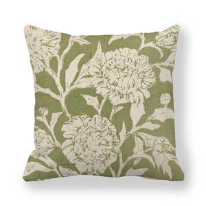 Linen cushion cover with hand-painted daisy pattern on olive green background