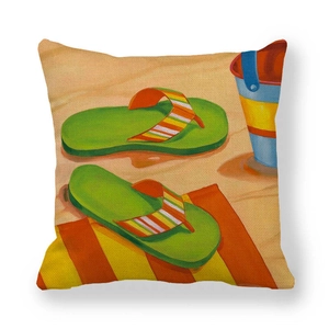 Cartoon oil painting beach flip-flops linen pillowcase with summer sand beach scene