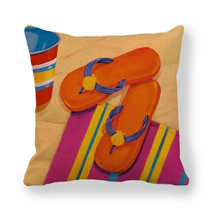 Cartoon oil painting beach flip-flops linen pillow cover on a clean white background