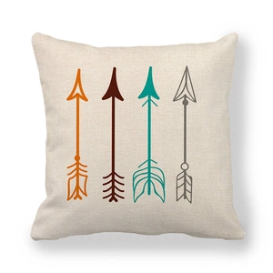 Modern linen pillow cover with four colored arrows in a bohemian style on white background