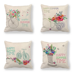 Set of 4 Happy Summer Time linen pillow covers with bicycle and floral illustrations