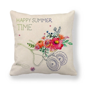 Close-up of beige linen pillowcase with watercolor cart, flowers and Happy Summer text