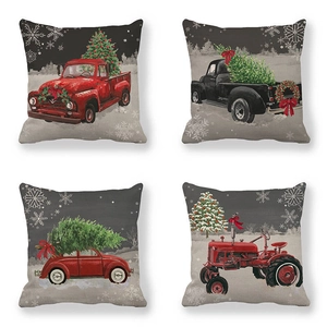 Set of four Christmas linen pillow covers with vintage red car and truck graphics