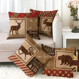 Federa Per Cuscino Fauna Selvatica Rustica Lino Vintage Cervo Orso Plaid Motivo Legno Federa Decorativa Arredo Casa