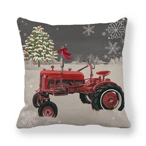 Close-up of linen fabric texture featuring a red tractor and Christmas tree print