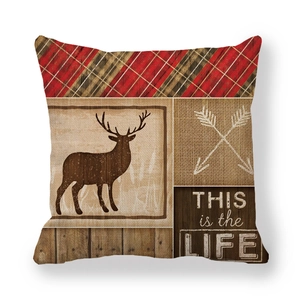 Federa vintage in lino con silhouette di alce e design patchwork in tartan rosso