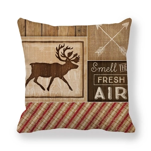Fodera per cuscino in lino vintage con silhouette di cervo e design 'Smell THE FRESH AIR'
