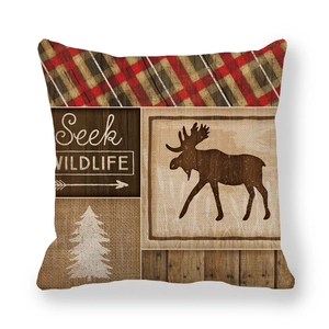 Fodera per cuscino in lino vintage con sagoma di cervo e scritta Seek Wildlife retrò