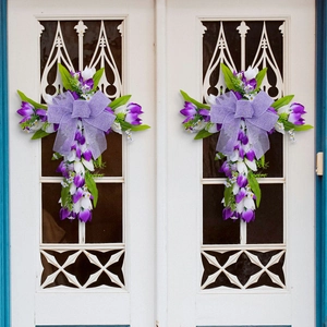 Corona a Croce con Tulipani Artificiali Pasquali Con Fiocco di Juta Per Decorazione Porta Parete Fiori Primaverili Casa