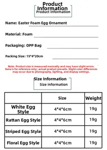 Tabla de tallas para huevos de Pascua de espuma con dimensiones 4x4x6cm y pesos detallados