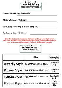Detailed sizing chart for colorful Easter foam egg decorations with four floral styles