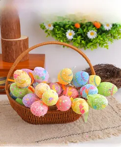 Close-up of colorful foam Easter eggs with glitter and lace in a rustic woven basket