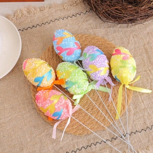Set of 6 colorful glitter Easter egg picks with bows for festive cake decoration