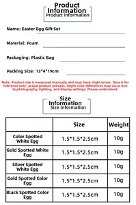 Size chart showing Easter foam eggs with dimensions 1.5x1.5x2.5cm and pack details