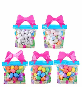 Detail view of colorful foam Easter eggs in clear packaging with pink bow handles