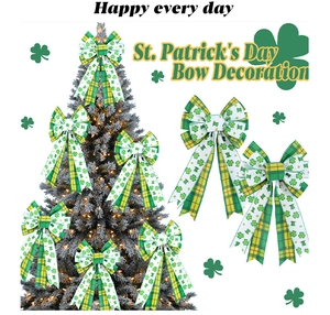 Detail of St. Patrick's Day bow with shamrock pattern on a festive tree branch