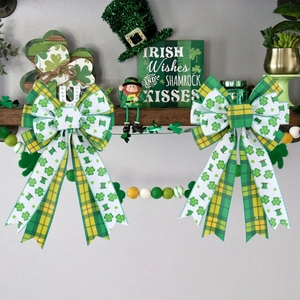 St. Patrick's Day shamrock and plaid decorative bow set for Irish festival wreaths