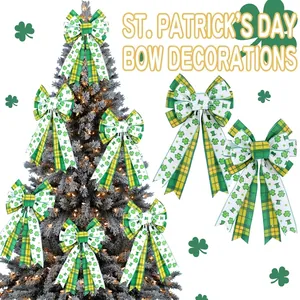 Large St Patricks Day Decorative Bow Green Shamrock Plaid Leprechaun Hat Design Polyester Ribbon For Wreath Home Party Decor