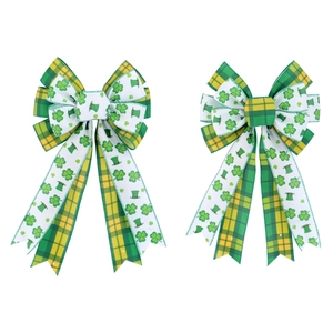 Festive St. Patrick's Day decorative bows with shamrock pattern and layered green ribbons