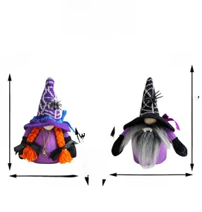 Detailed view of Halloween gnome plush dolls with spider motifs and size dimensions