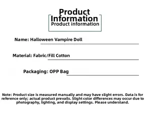 Detailed spec sheet for Halloween vampire doll made of soft cloth and stuffed cotton