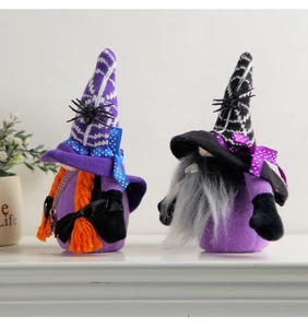 Detail of plush Halloween gnomes with spider hats and knit textures for party decor