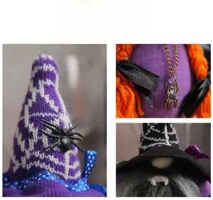 Detail view of Halloween gnome featuring a purple knit hat with black spider and fangs