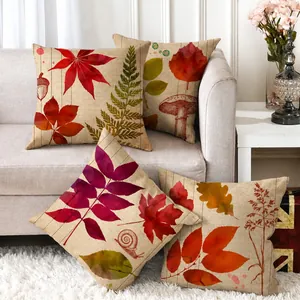 Autumn Fall Leaves Linen Pillowcase Watercolor Botanical Maple Leaf Mushroom Cushion Cover For Living Room Sofa Decor