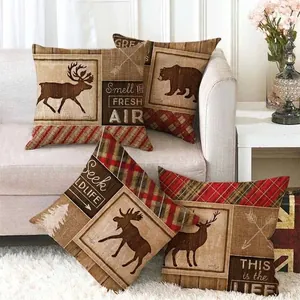 Housse de Coussin de Noël en Lin Rustique Animaux Sauvages Élan Ours Carreaux Écossais Taie d'Oreiller Décorative pour Canapé Maison