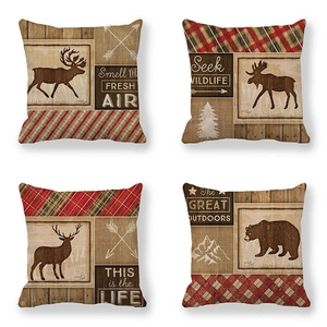 Lot de 4 housses de coussin en lin rustique avec motifs d'élans et d'ours de forêt