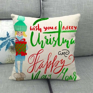 Linen Christmas pillowcase featuring a girl with gifts and festive holiday greeting