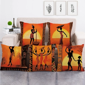Five-piece African tribal silhouette pillow cover set with orange sunset folk art patterns