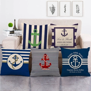 Nautical Anchor Cushion Cover Linen Square Striped Decorative Pillow Case For Sofa Home Decor