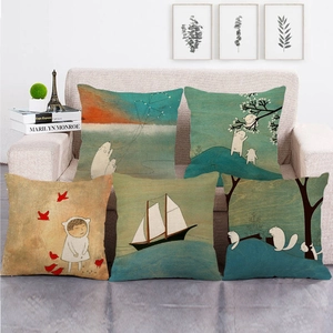 Set of 5 autumn cartoon rabbit linen pillow covers featuring artistic hand-drawn patterns