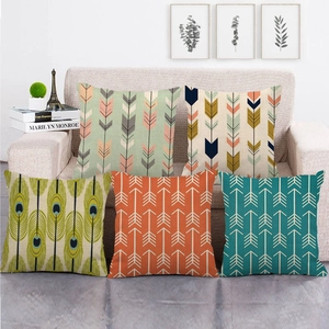 Five-piece square linen pillow covers with geometric arrow and peacock feather patterns