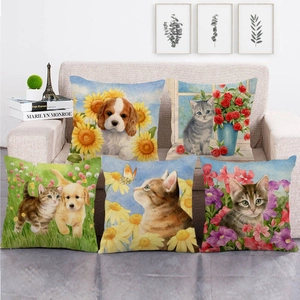 Federa per Cuscino Decorativa in Lino Acquerello Animale Gatto Cane Stampa Floreale Cuscino per Divano Casa Soggiorno