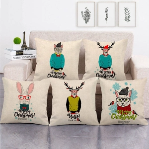 Decorative Pillowcase Linen Texture Cartoon Animal Print Merry Christmas Winter Theme Cushion Cover For Sofa Home Decor