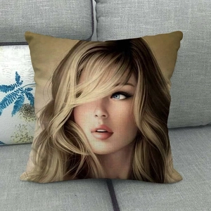 Detailed texture of a linen throw pillow cover featuring a portrait of a blonde woman