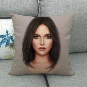 Detailed texture of linen pillowcase featuring a realistic artistic female portrait