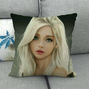Linen throw pillow cover with artistic blonde girl illustration on a grey sofa