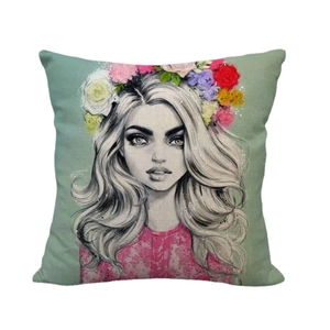 Linen square pillowcase with artistic girl portrait and colorful floral headband