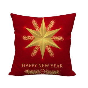Red square linen cushion cover featuring golden star and Happy New Year message