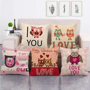 Set of five linen throw pillow covers with cartoon owl and heart Valentine's patterns